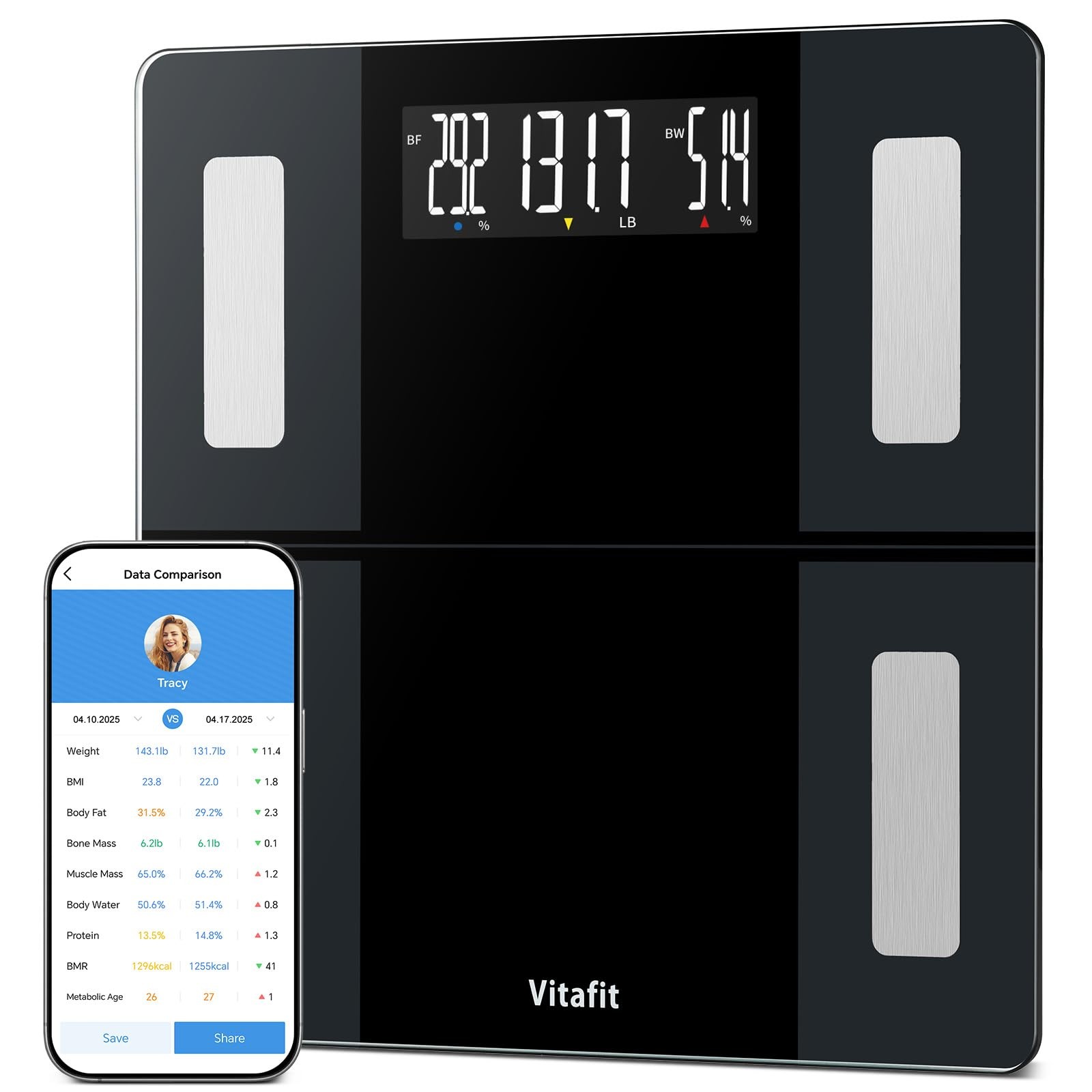 Vitafit 550lb Smart Bathroom Scale – 0.1lb Precision, BMI Body Fat, App Sync