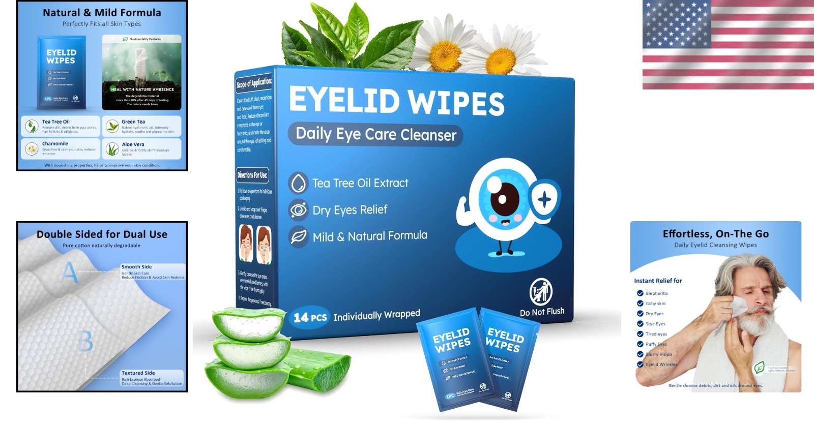 Travel-Friendly Tea Tree Oil Eye Wipes – 14 Extra Large Daily Cleansing Packs