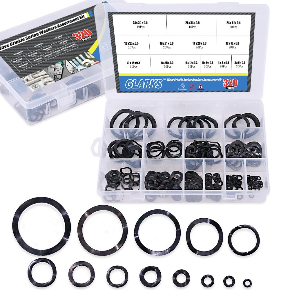 Glarks 320Pcs Carbon Steel Compression Type Wavy Wave Crinkle Spring Washers Ass
