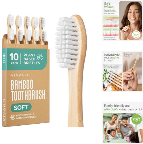 Bamboo Toothbrushes Eco-Friendly Soft Bristles 10 Pack Natural Wooden Toothbrush