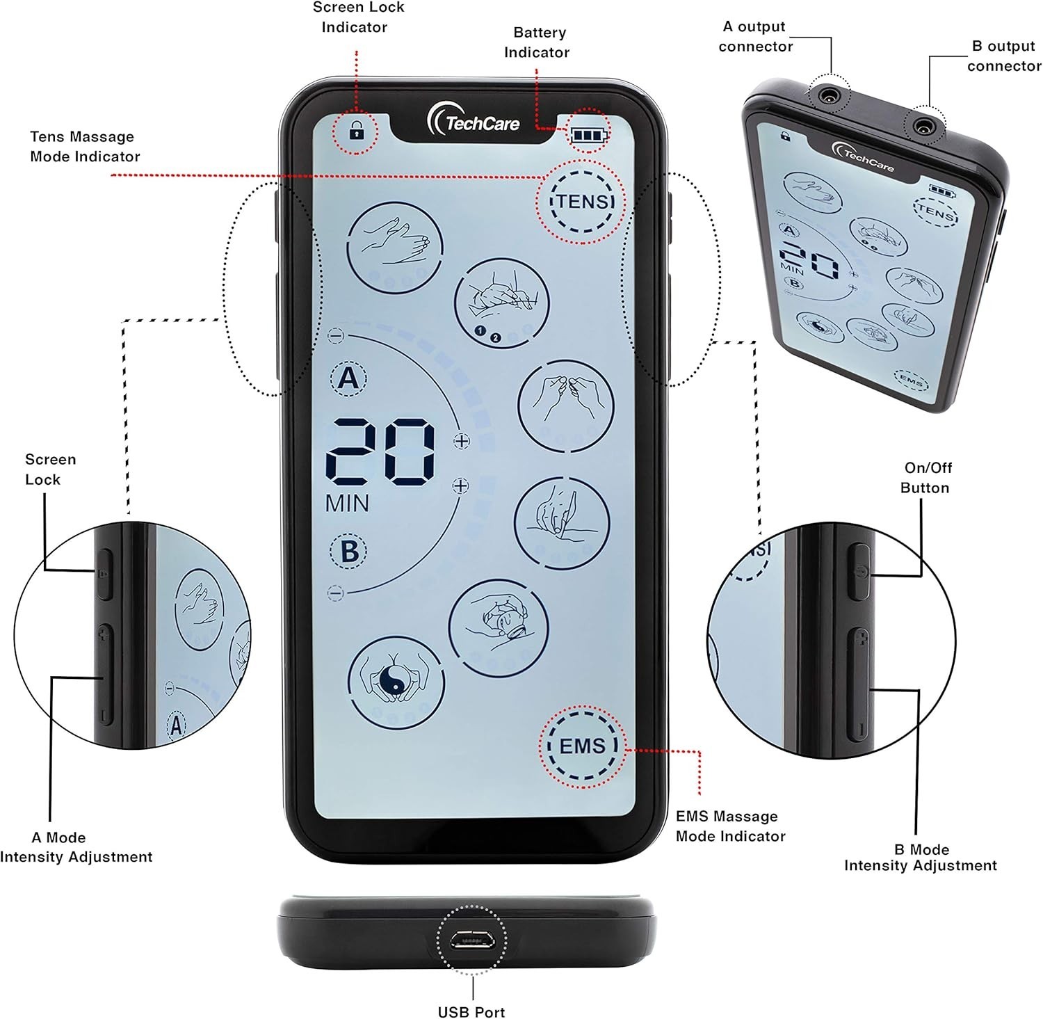 Touchscreen EMS Device, Dual Channel, Rechargeable, Deep Tissue Pain Relief