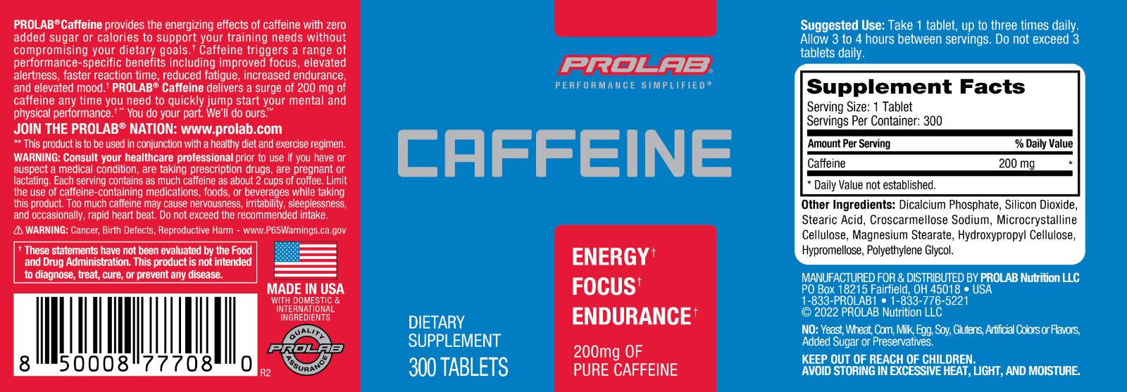 Prolab Caffeine Tablets 200mg – 300ct. | Energy Support, Helps Enhance Endurance