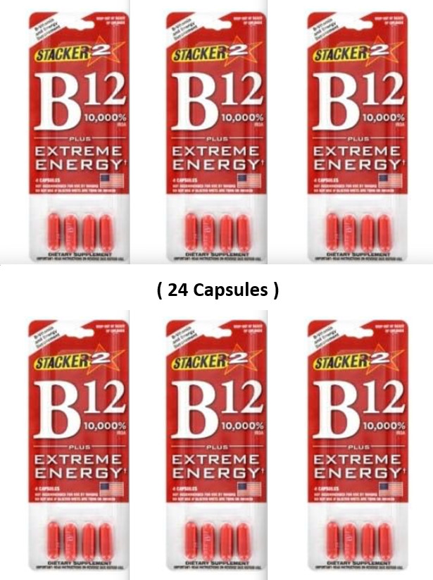 Genuine Stacker B12 Extreme Energy 4/Card (Lot of 6 Cards)= 24 Capsules B12 24
