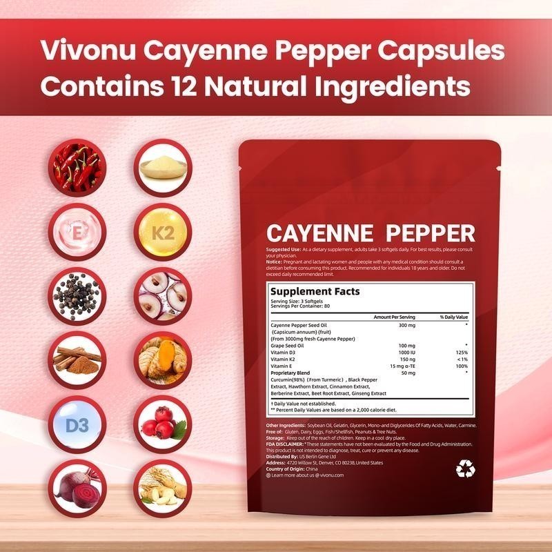Cayenne Pepper Softgels Supplement, Supports Leg VeinHeart and Blood Vessel NEW