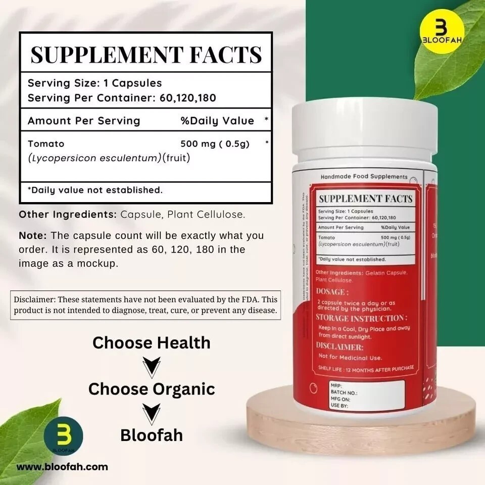 Bloofah Tomato Fruit Capsules (Lycopene) 500mg – 120 Count | Vegan, Gluten Free