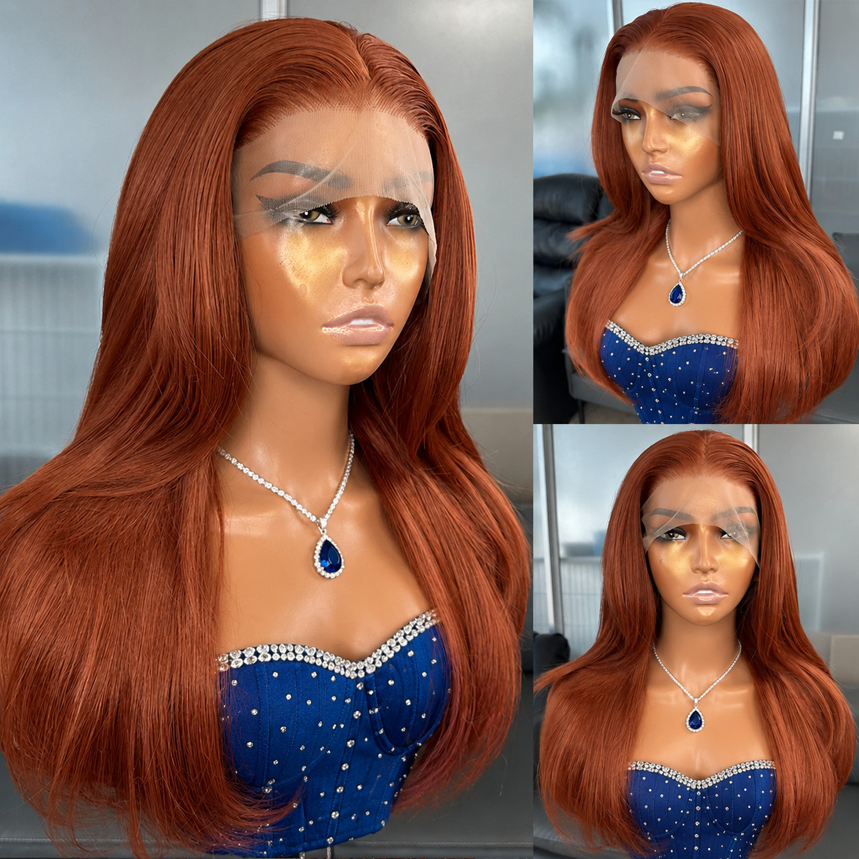 Glue Less Lace Front Wig Long Straight Heat Resistant Synthetic Hair Copper Red