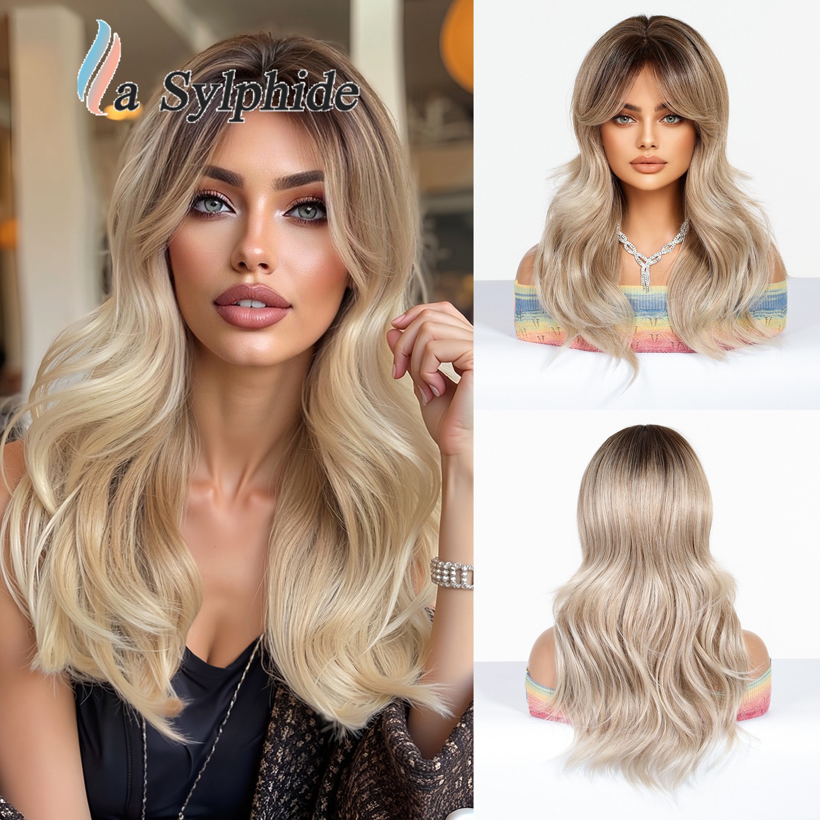 Brown to Golden Ombre Long Curly Wig With Side Bangs Rose Net Synthetic Full Wig
