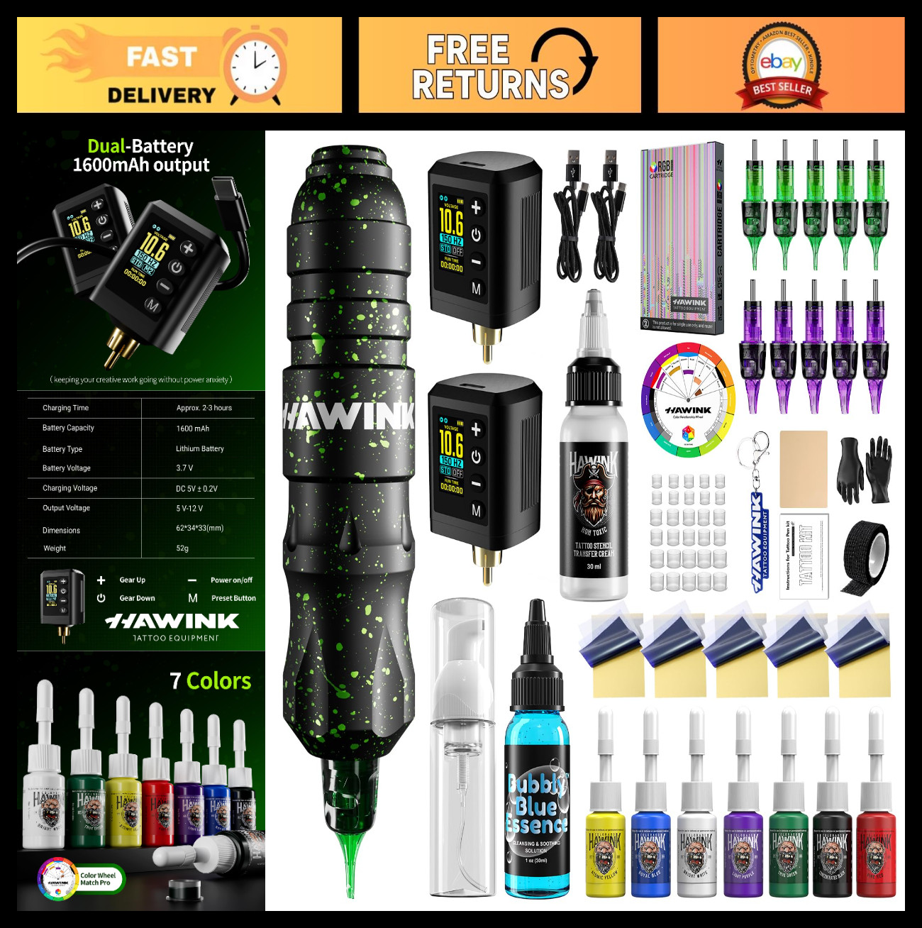 Tattoo Gun Kit with LCD Power Supply, 1600mAh Battery, 2PCS Wireless Tattoo Mach