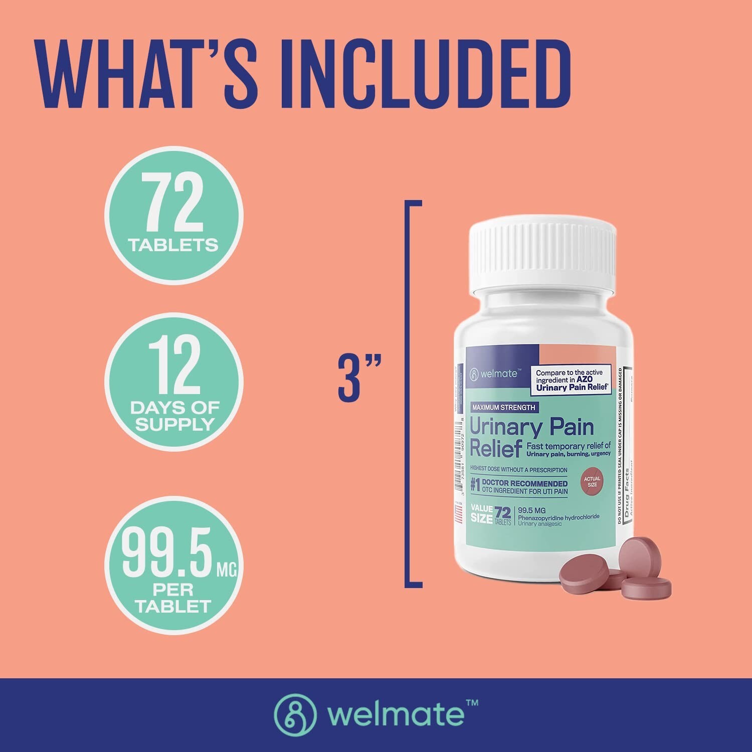 Urinary Pain Relief | Phenazopyridine Hydrochloride 99.5 mg | 72 Count Tablets