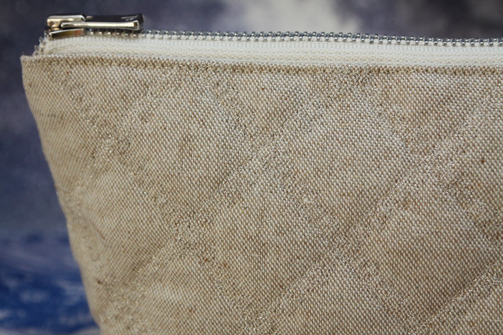 Unique Beige Cotton Makeup Pouch Natural Fabric Zip Top Cosmetic Bag.