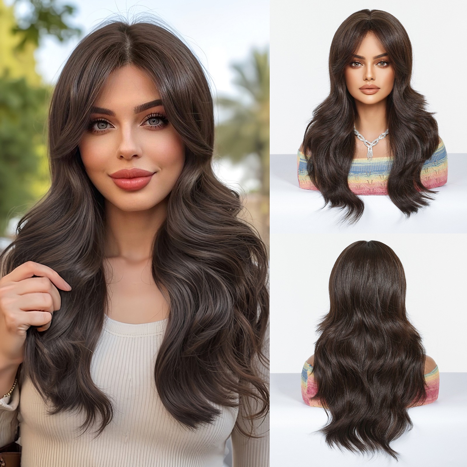 Brown to Golden Ombre Long Curly Wig With Side Bangs Rose Net Synthetic Full Wig