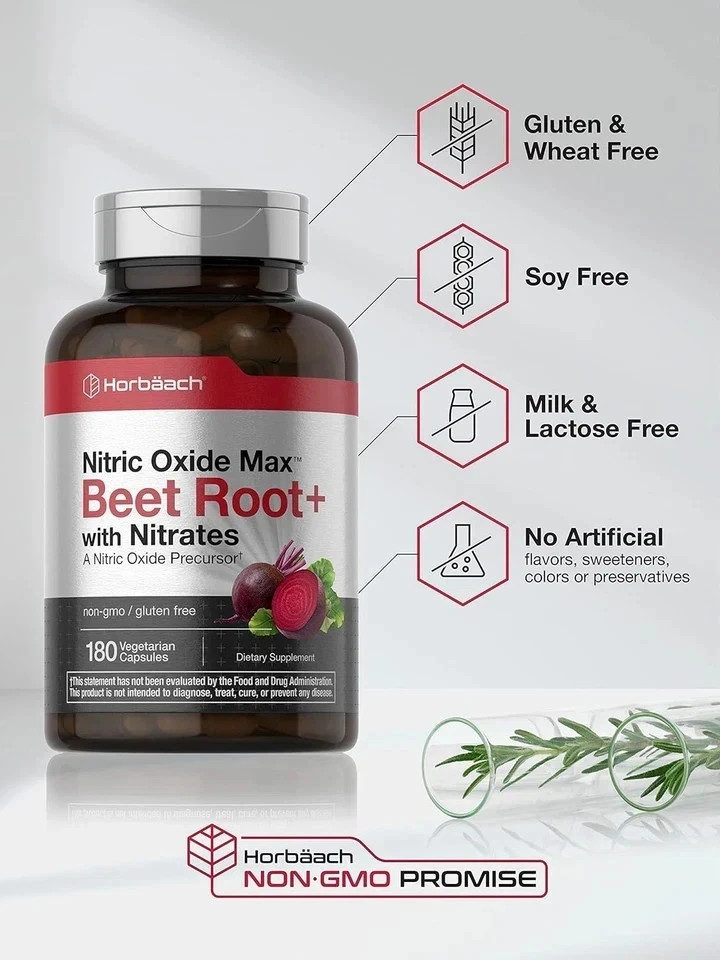 Nitric Oxide Beet Root Capsules | With Nitrates | 180 Count | by Horbaach
