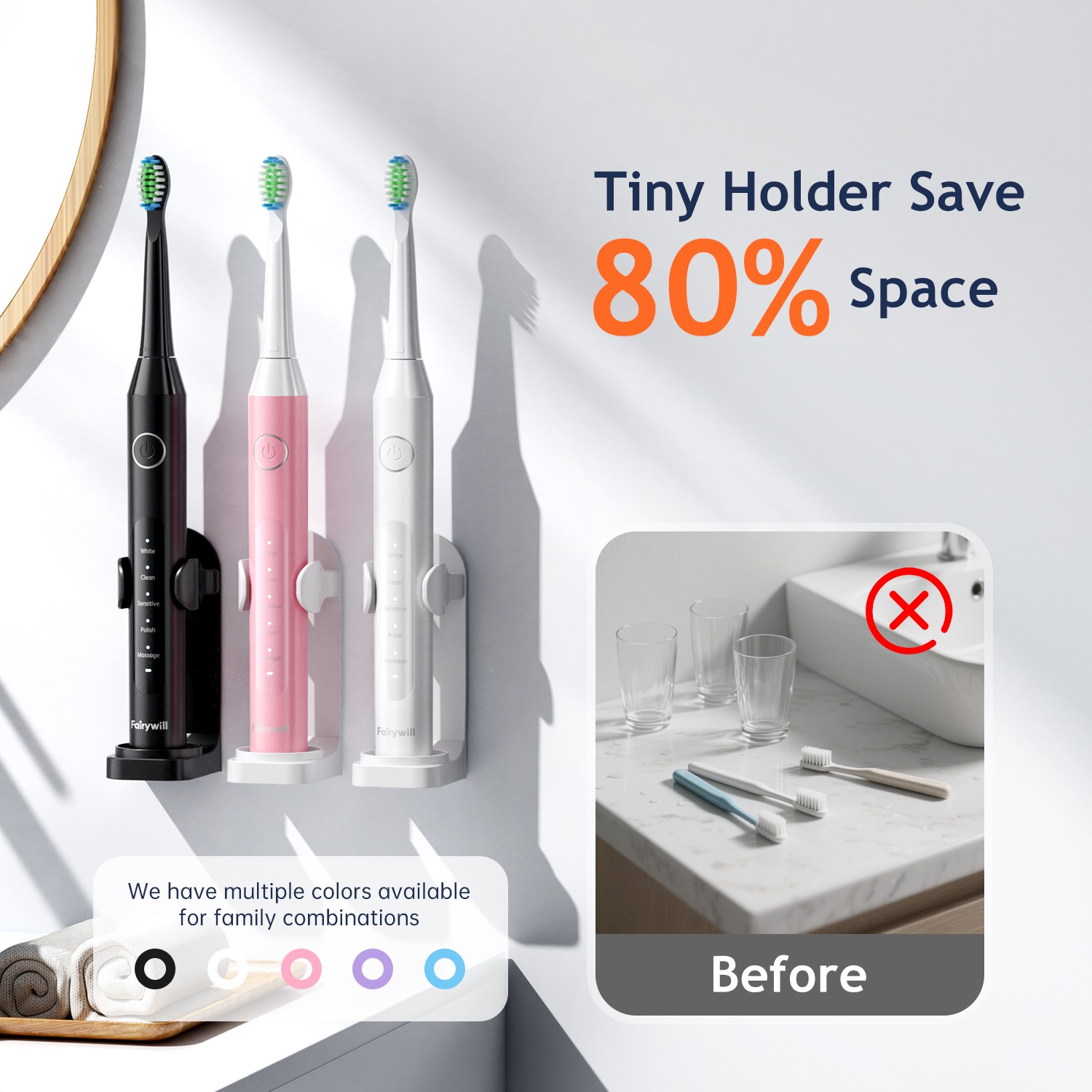 Fairywill Sonic Rechargeable Electric Toothbrush 8 Brush Head 5 Mode Travel Case