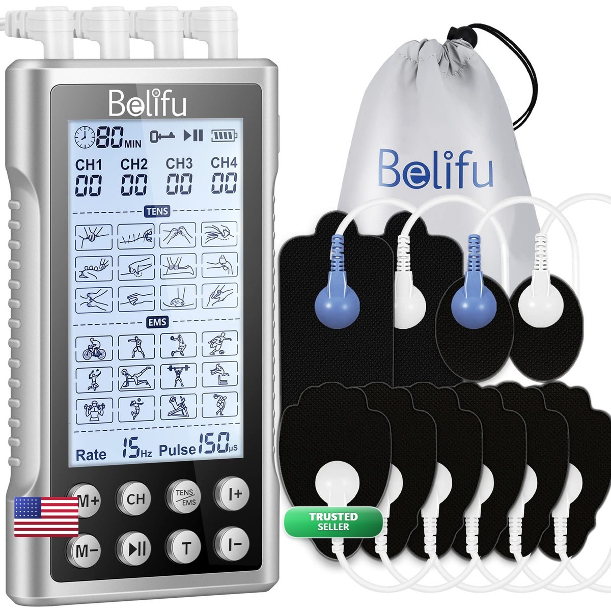Belifu 4 Channel TENS EMS Unit, 24 Modes, 30 Intensity Levels, 10 Pads & 5 Lead