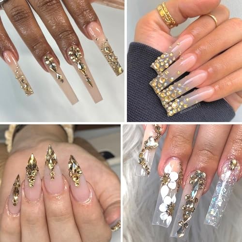 Nail Rhinestones – 3D Multiple Shape Size Gems, Champagne Gold, Manicure