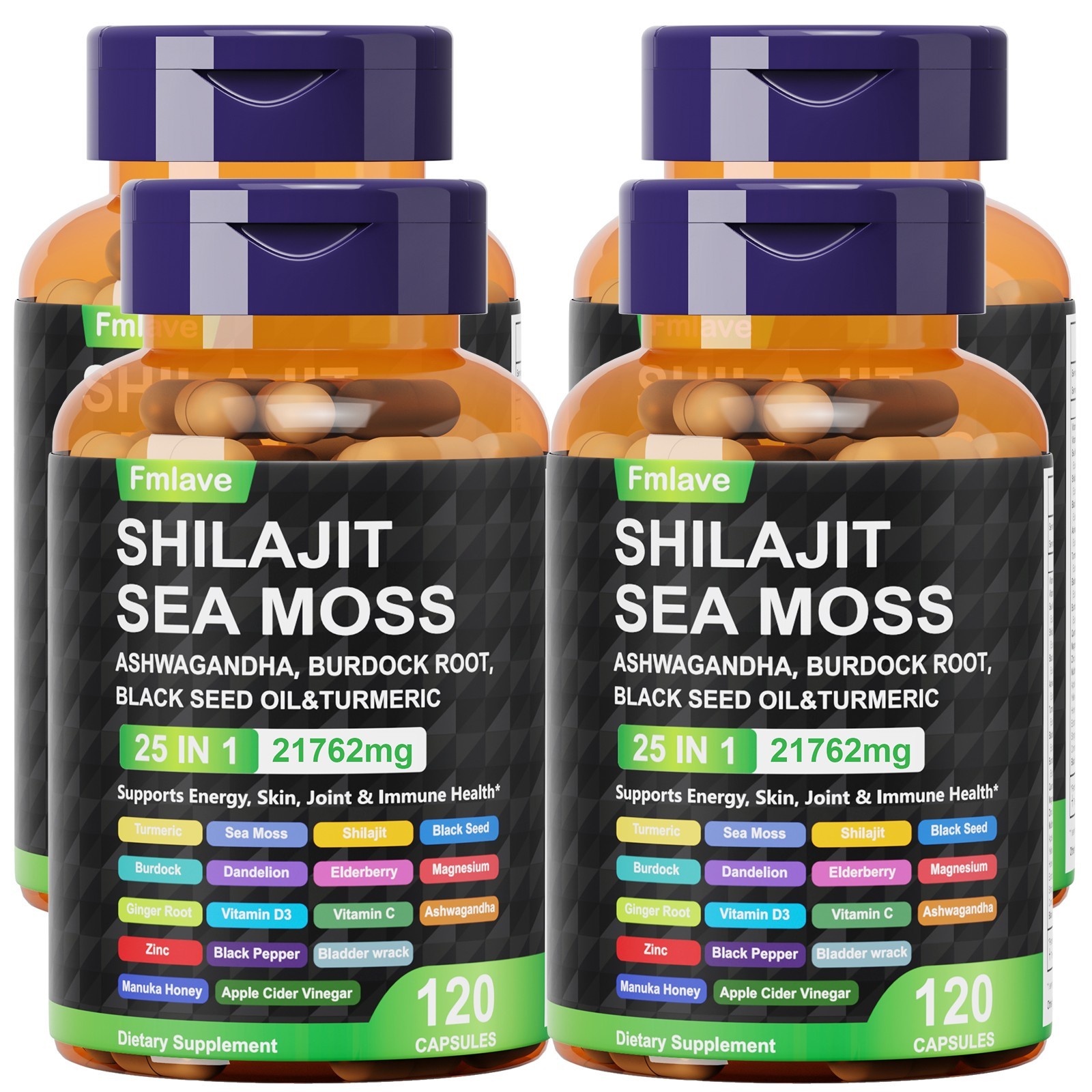 4pc 25-In-1 Sea Moss Black Seed Oil Ashwagandha Ginger Shilajit Supplement 480ct
