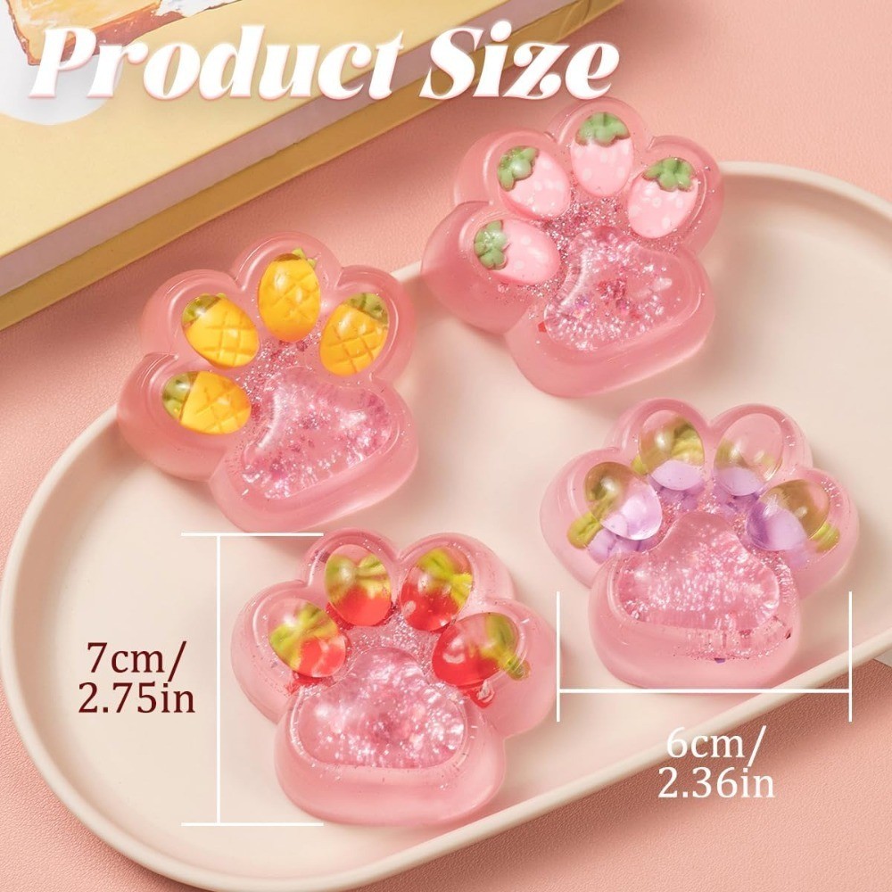 4Pcs Handmade Clear Taba Cat Paw Squeeze Toys, 2.75in Fruit Cat Paw Squishy