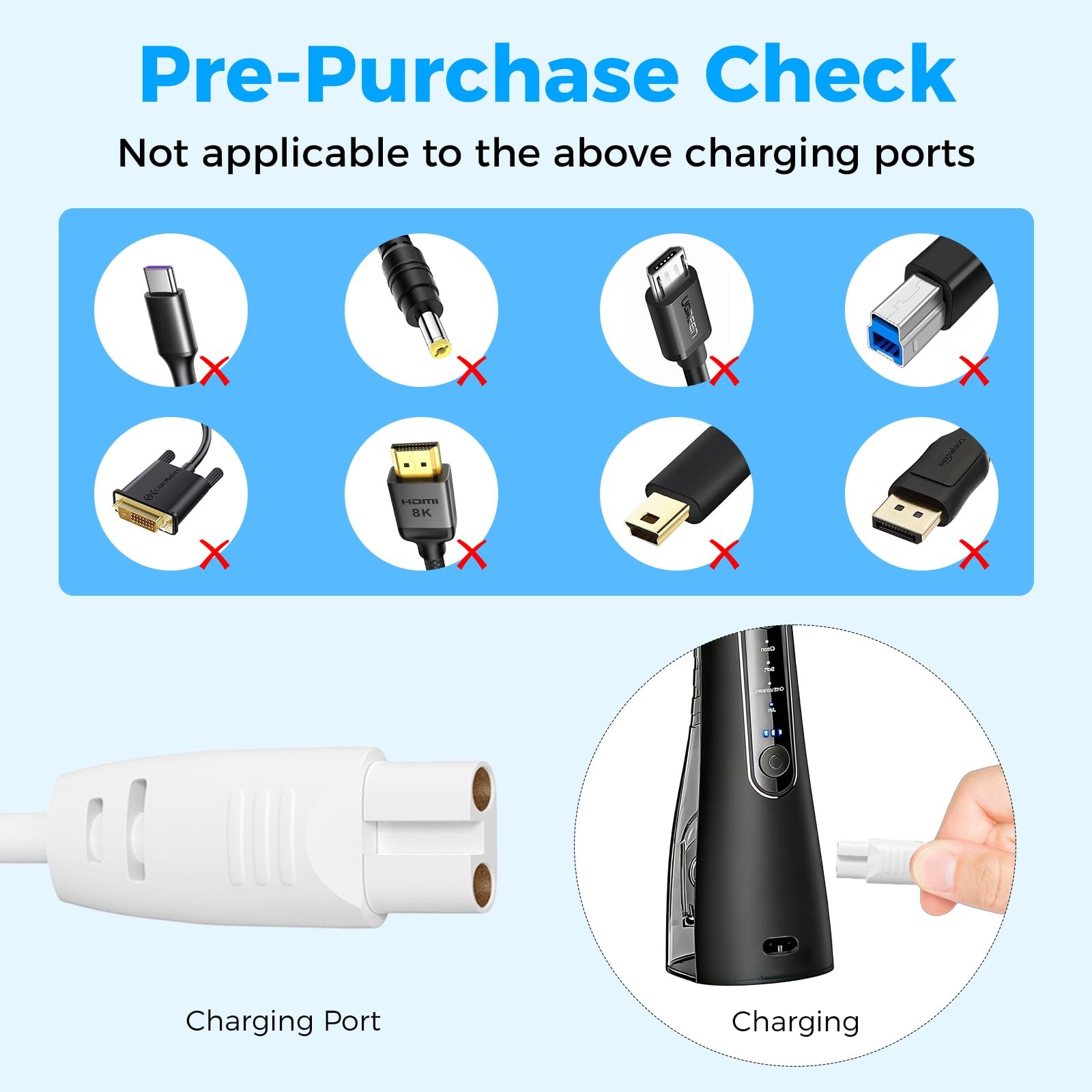 2 Pack USB Charging Cable for Rechargeable Water Flosser Oral Irrigator White