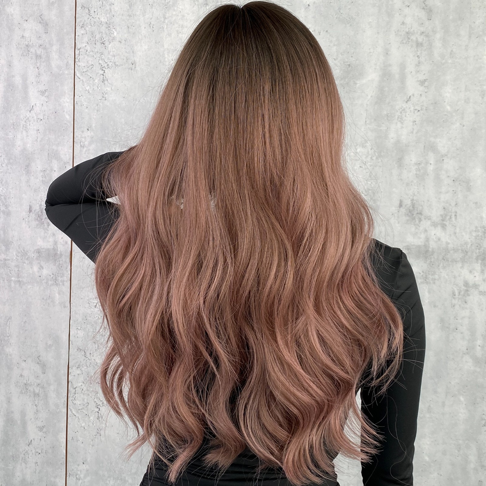 Pink Brown Long Wavy Wig with Bangs Fluffy Natural Voluminous Full Head Wig for
