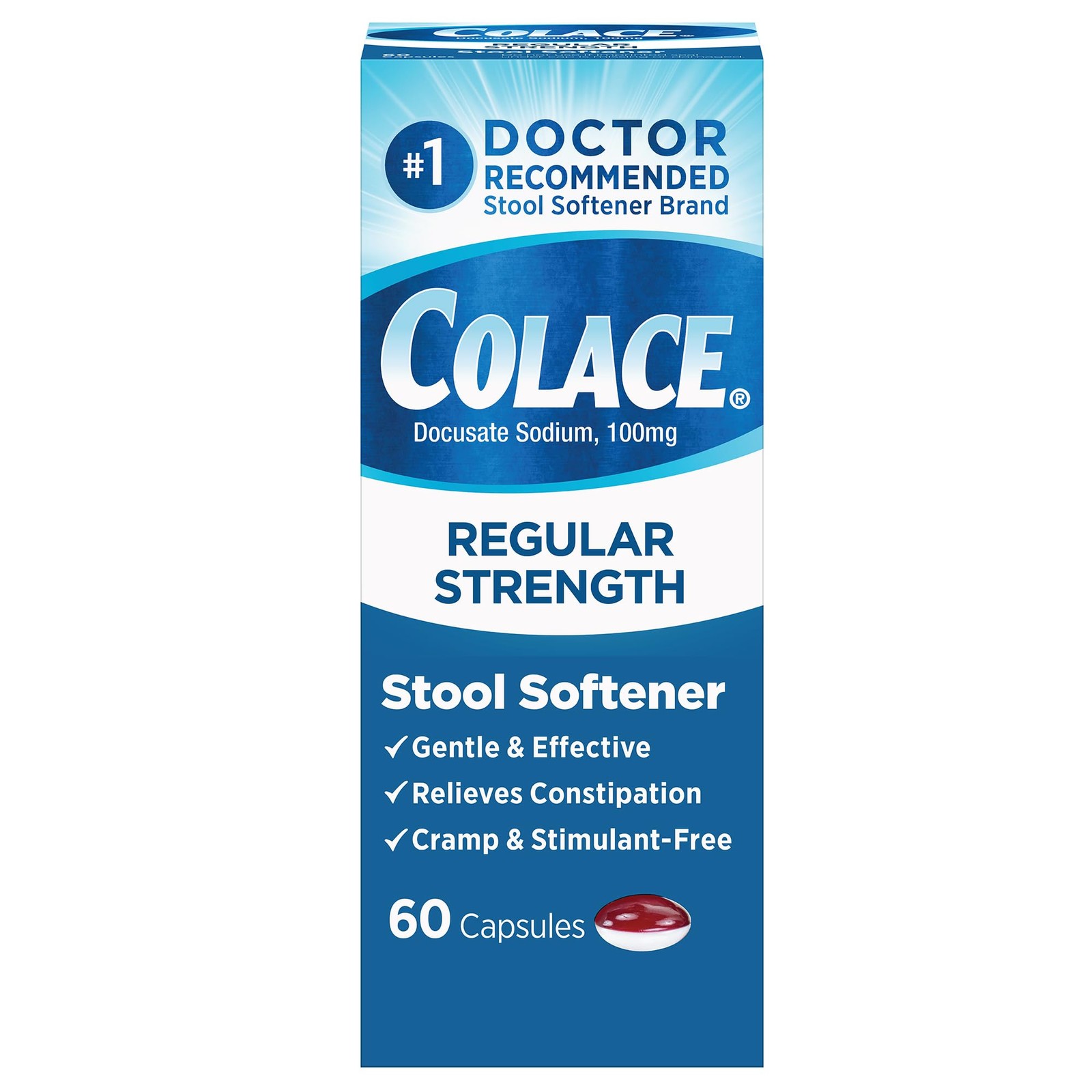 Colace Stool Softener 100 mg, 60 Capsules, Constipation 60 Count (Pack of 1)