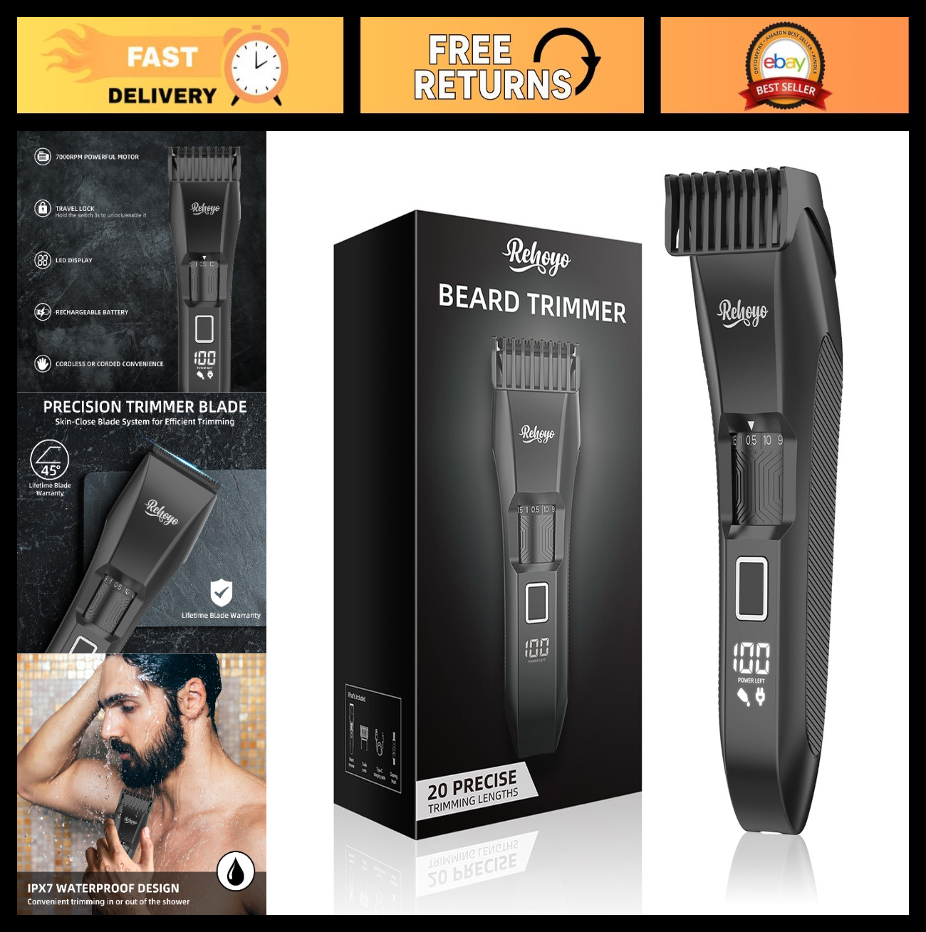 Adjustable Beard Trimmer for Men – Cordless Waterproof Hair Clippers, 20-Length