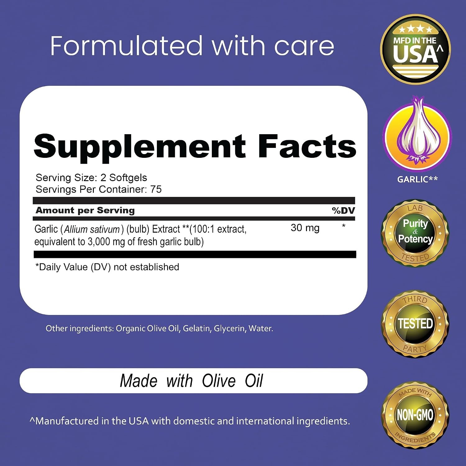High-Quality Odorless Garlic Softgels – 100:1 Extract with Olive Oil – 150 Count