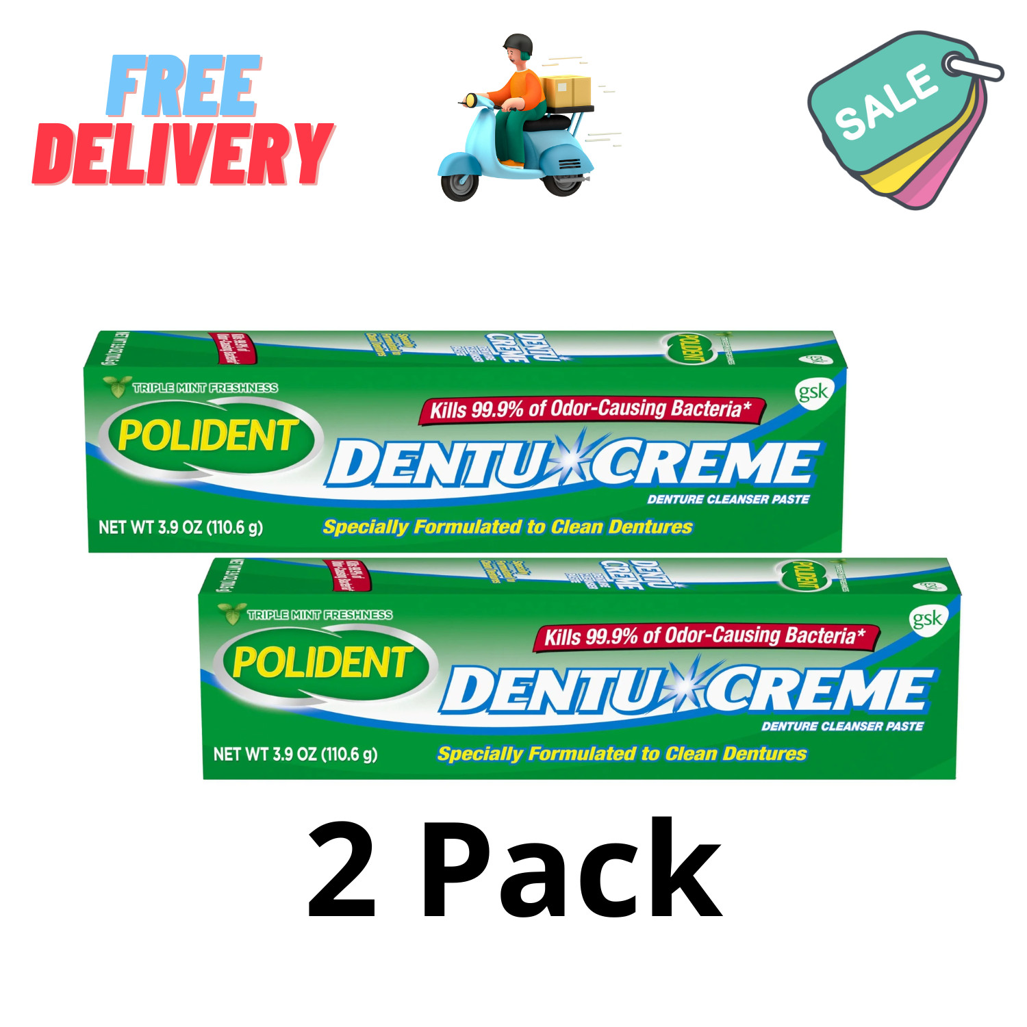 2 Pack. Polident Paste for Partials Cleaning, Triple Mint Freshness, 3.9 Oz