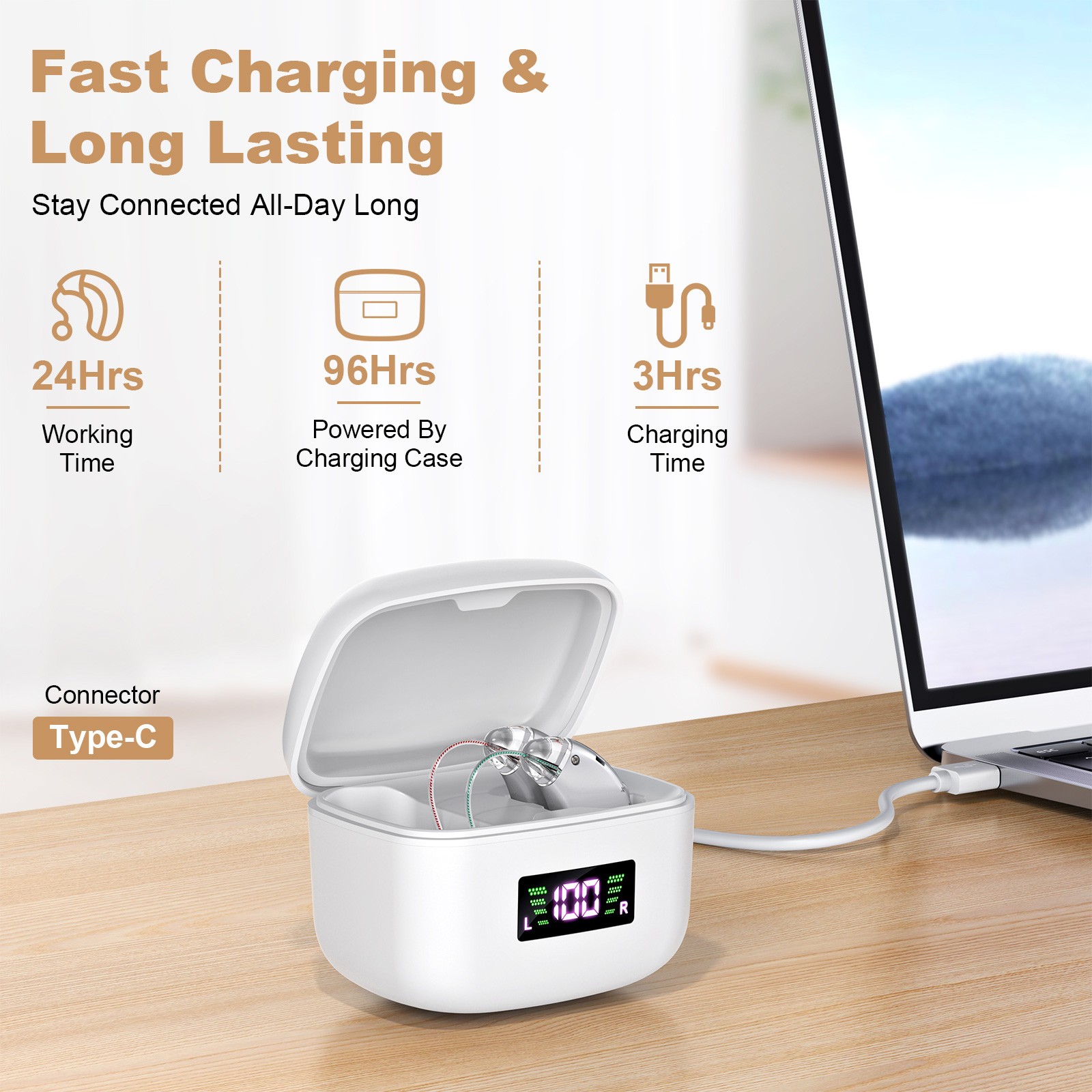 BTE Digital Rechargeable Hearing Aid For Severe Hearing Loss With Charging Case