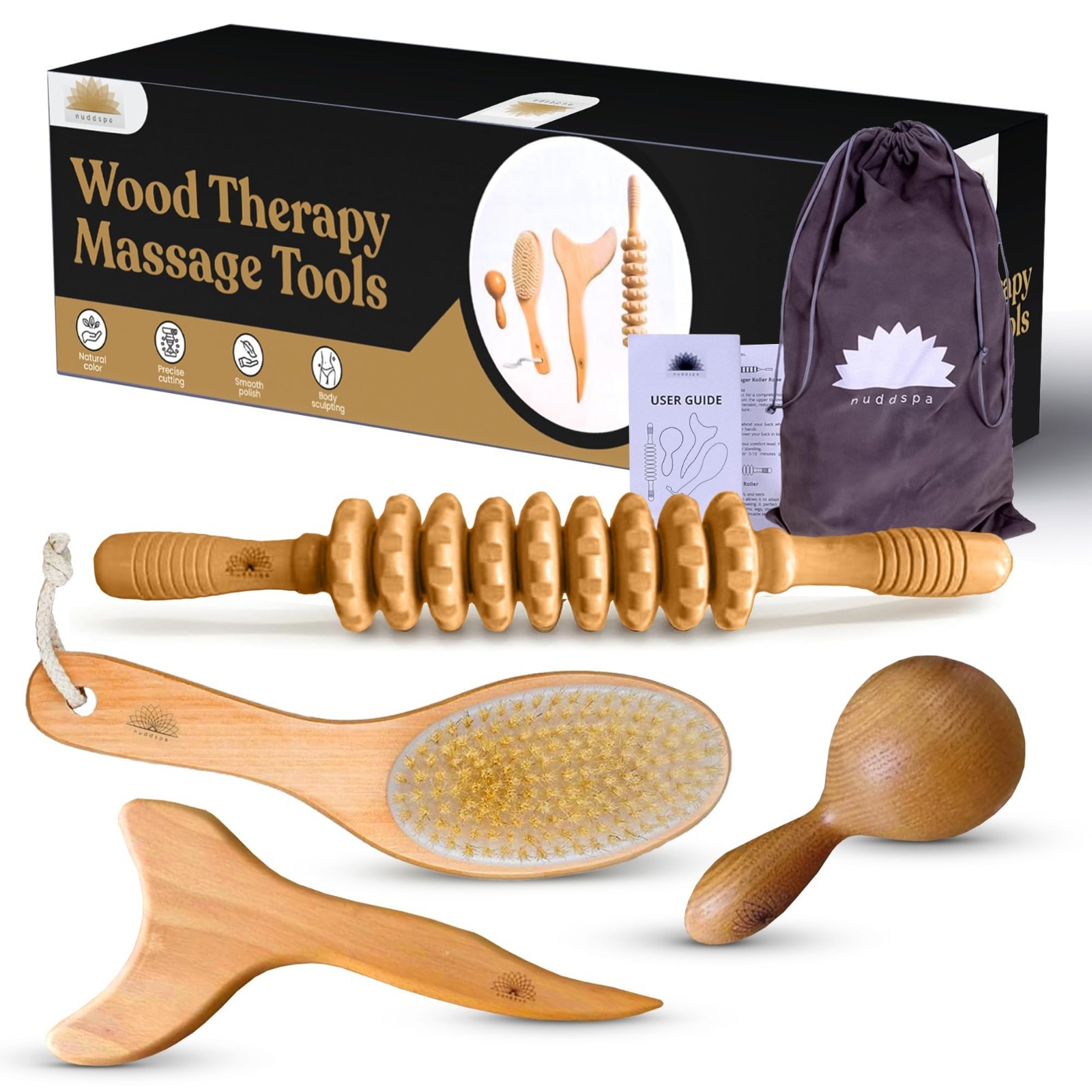 4 Pcs Wood Therapy Massage Tools Set, Lymphatic Drainage & Anti-Cellulite Kit