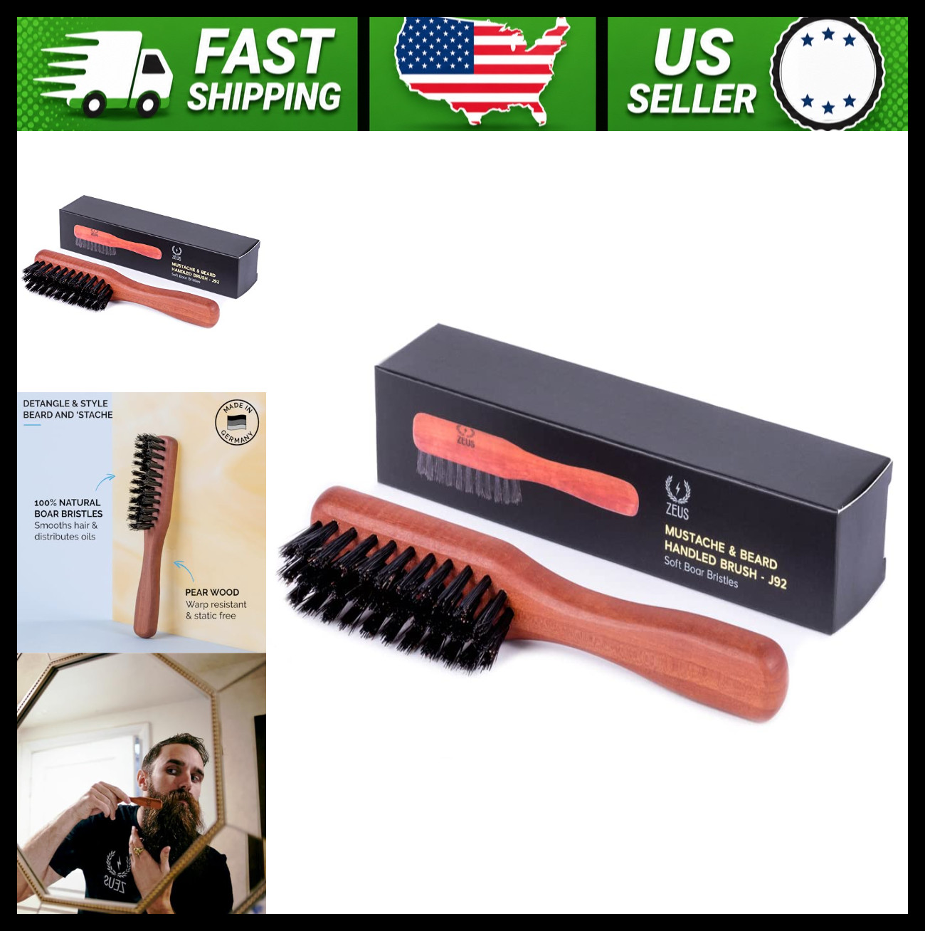ZEUS Boar Bristle Beard and Mustache Brush with Handle
