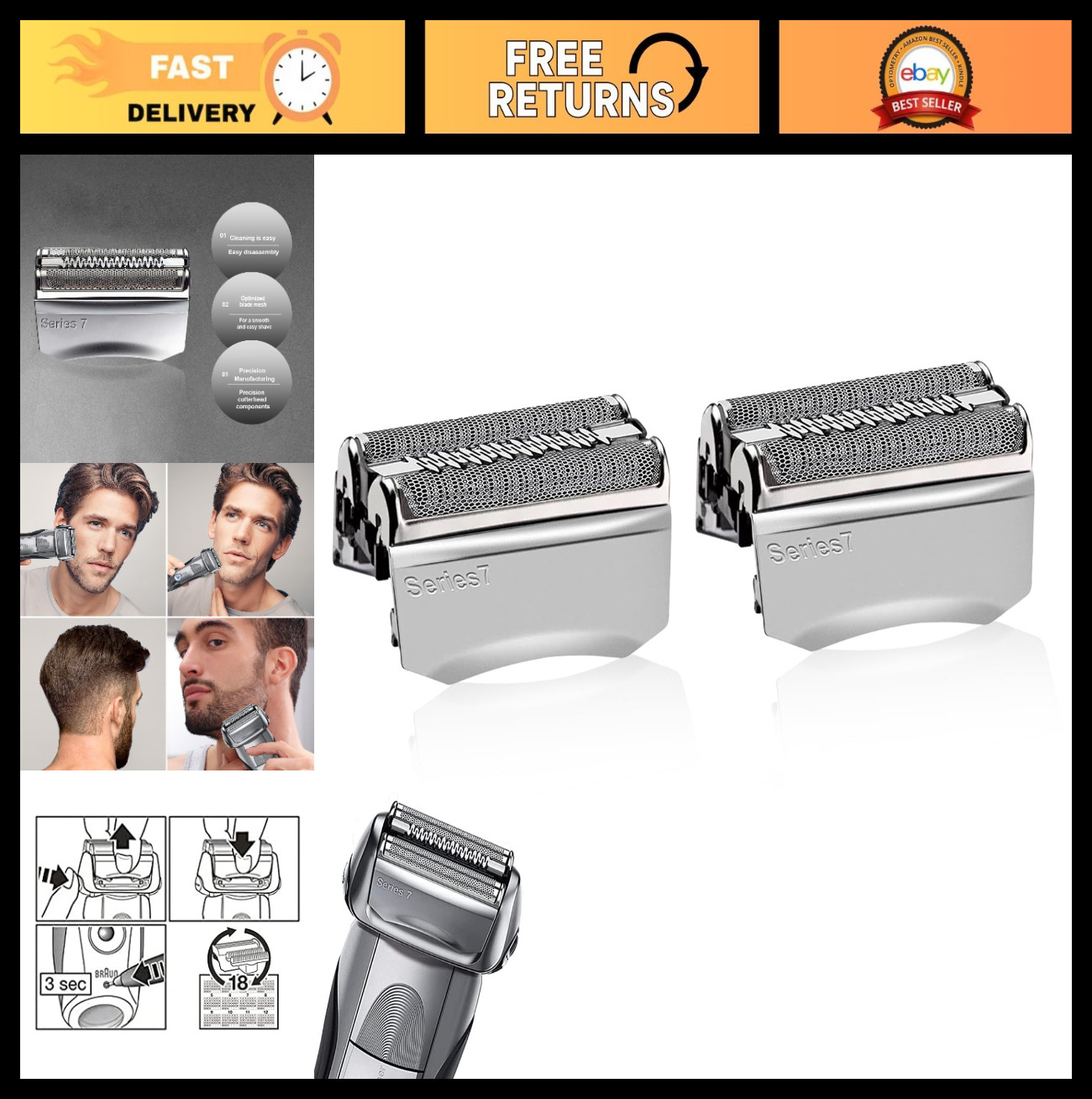 2 Pack Replacement Electric Foil Shaver Blades for Braun Series 7 790cc 760cc 75