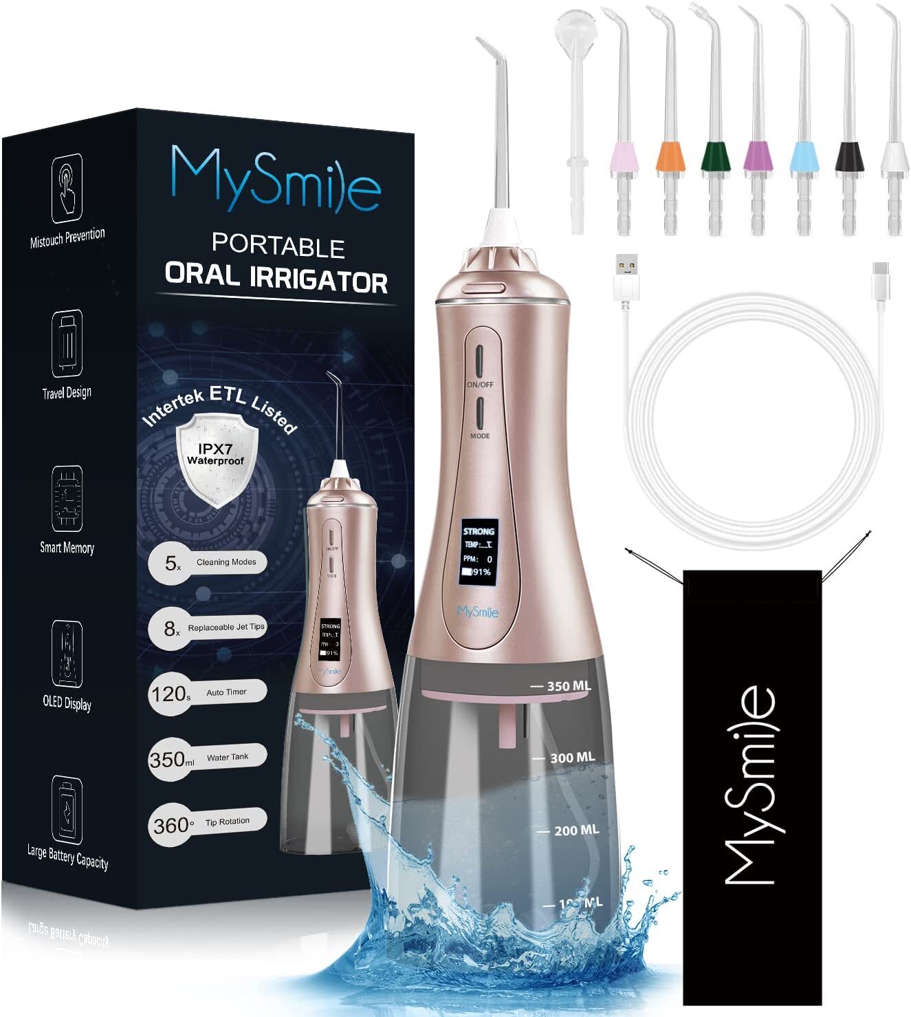 MySmile Portable Water Flosser Oral Irrigator 8 Jet Tips 1 Year Warranty