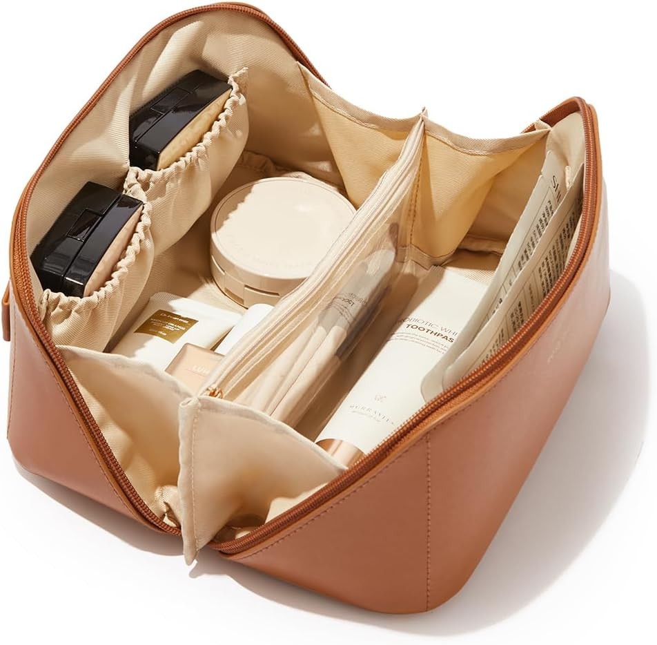 Medium Brown PU Leather Travel Makeup Bag with Organized Storage and Water-Resis