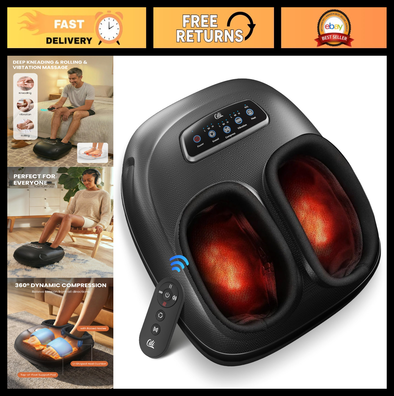 4-in-1 Heated Foot Massager with Shiatsu, Compression & Vibration – Fits Big Fee
