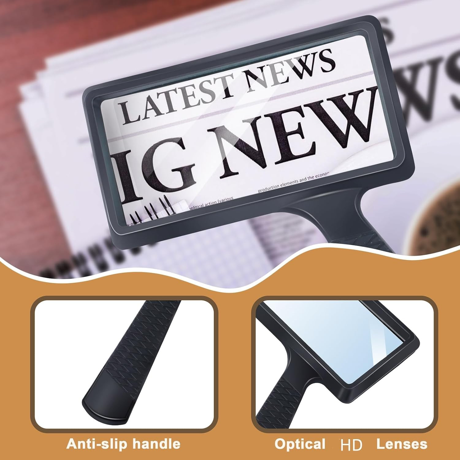 5X Rectangle Reading Magnifier, Large Handheld Magnifying Glass Scratch Resistan
