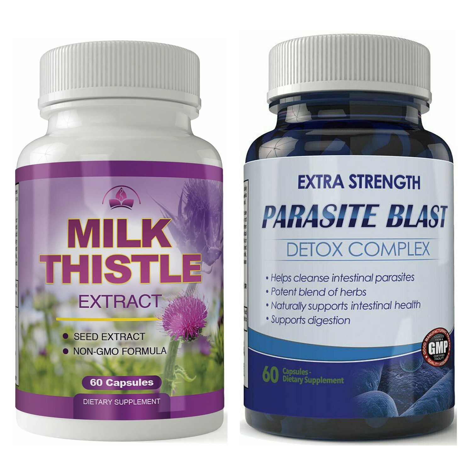 Milk Thistle Liver Detox Pills & Parasite Blast Intestinal Cleanse Supplements
