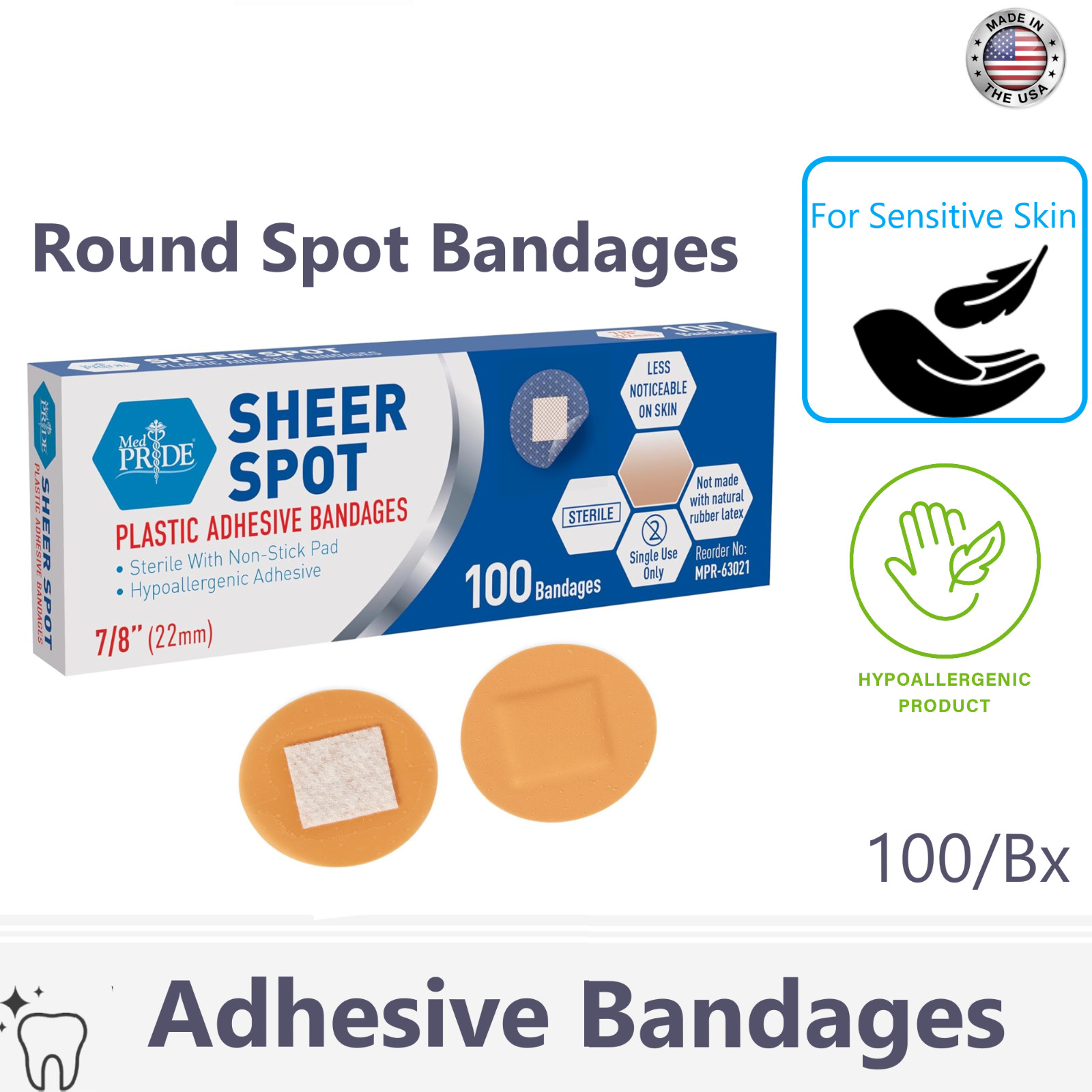 Dental Medical Adhesive Bandaid Bandage, Round, Spot 7/8″ Sterile 100Bx Bandages