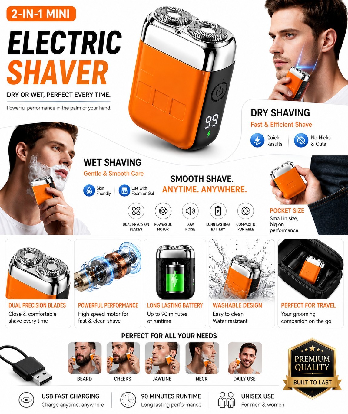 Mini Electric Smart Shaver – Dual Blade, Digital Display, Rechargeable Beard