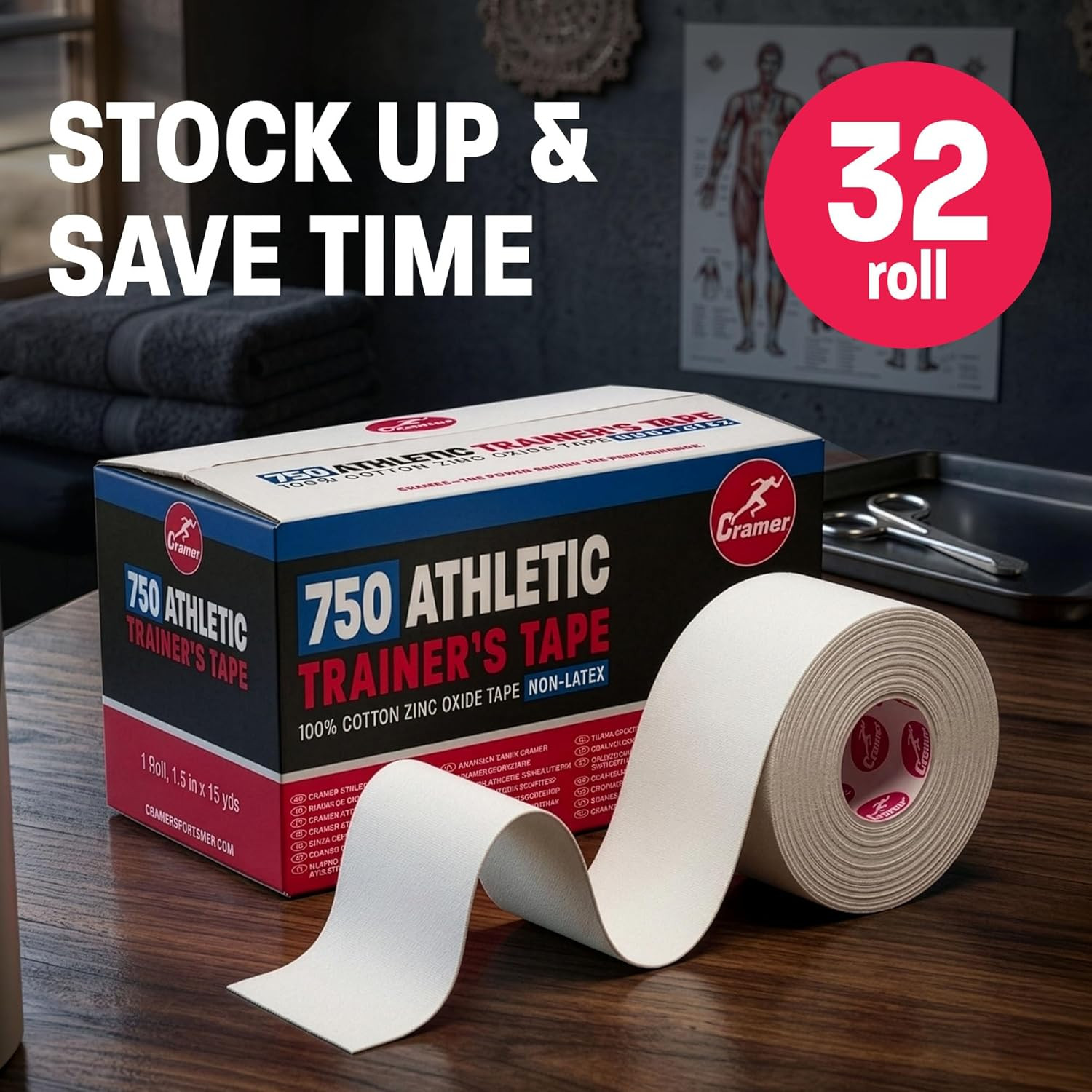 Cramer Team Color Athletic Tape, White, Latex-Free, 1.5″ X 15Yds, 32 Roll Bulk C