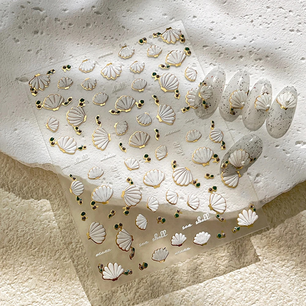 1Pcs 5D Embossed White Seashell Nail Stickers Gold Border Scallop Self Adhesive