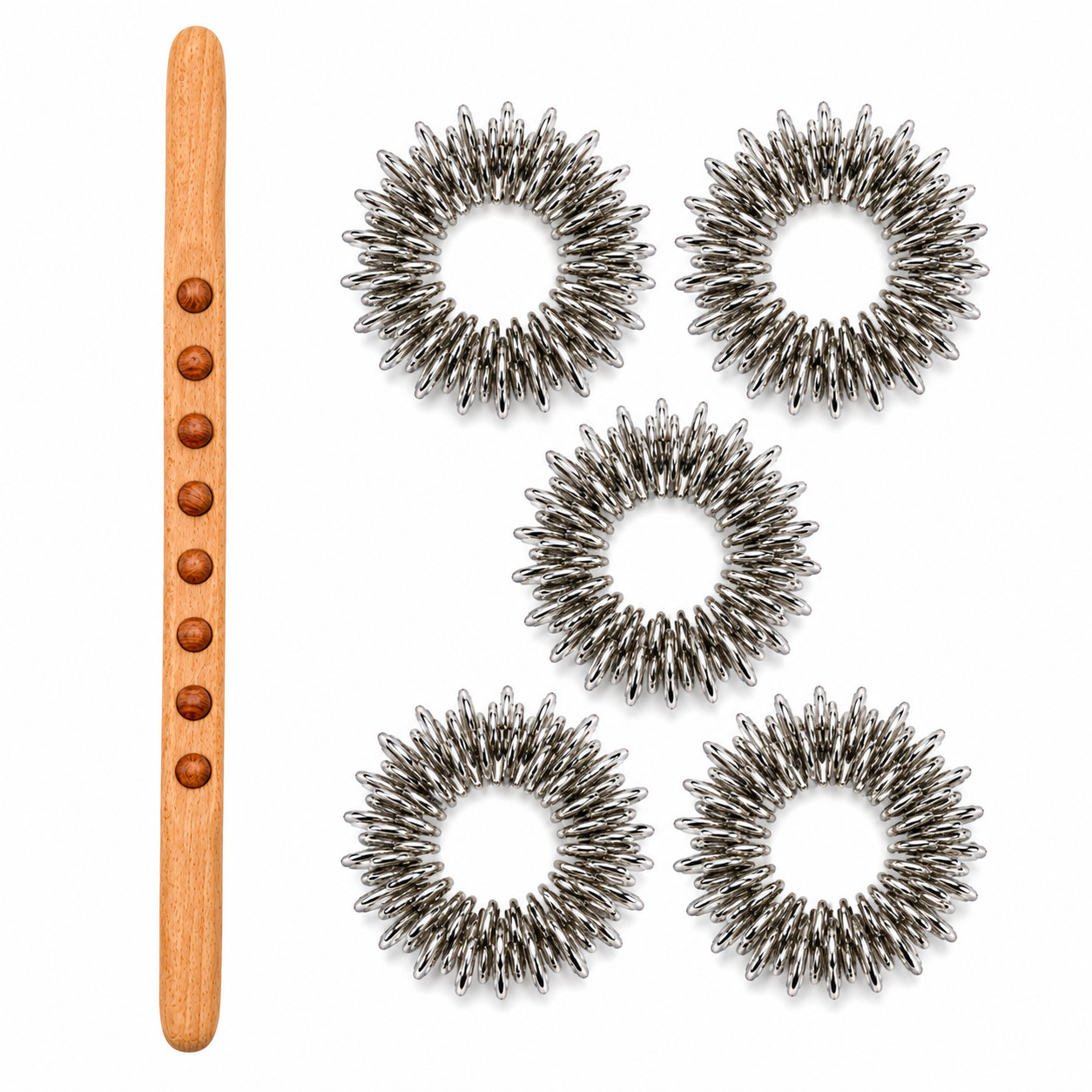 Wooden Massage Stick with 5 Acupressure Massage Rings Handheld Body Massager