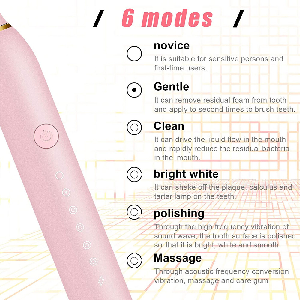 Sonic Electric Toothbrush Rechargeable 6 Modes with Brush Heads Precise Cleaning
