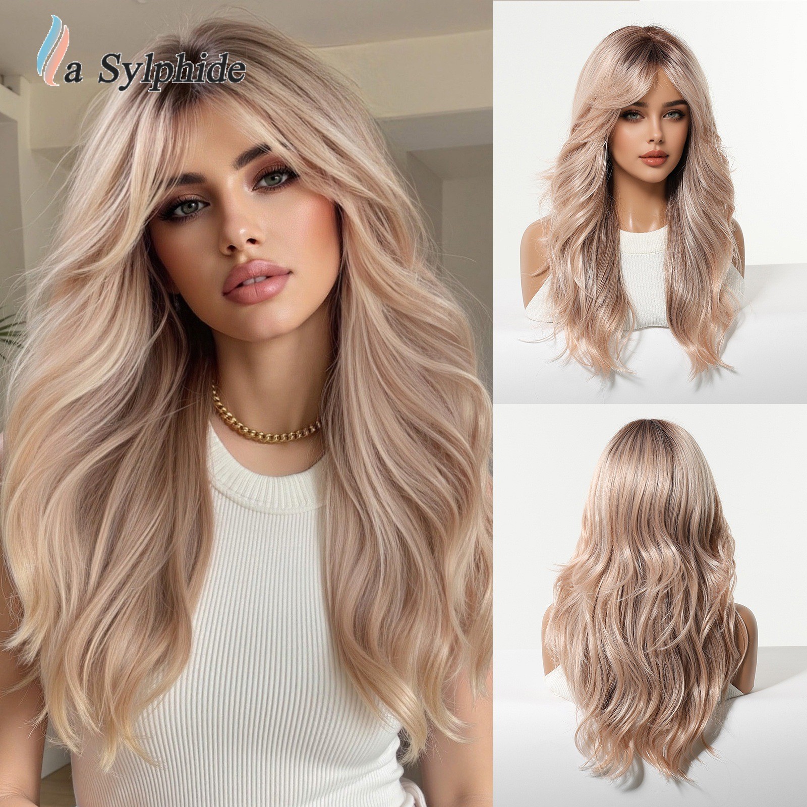 Brown to Golden Ombre Long Curly Wig With Side Bangs Rose Net Synthetic Full Wig