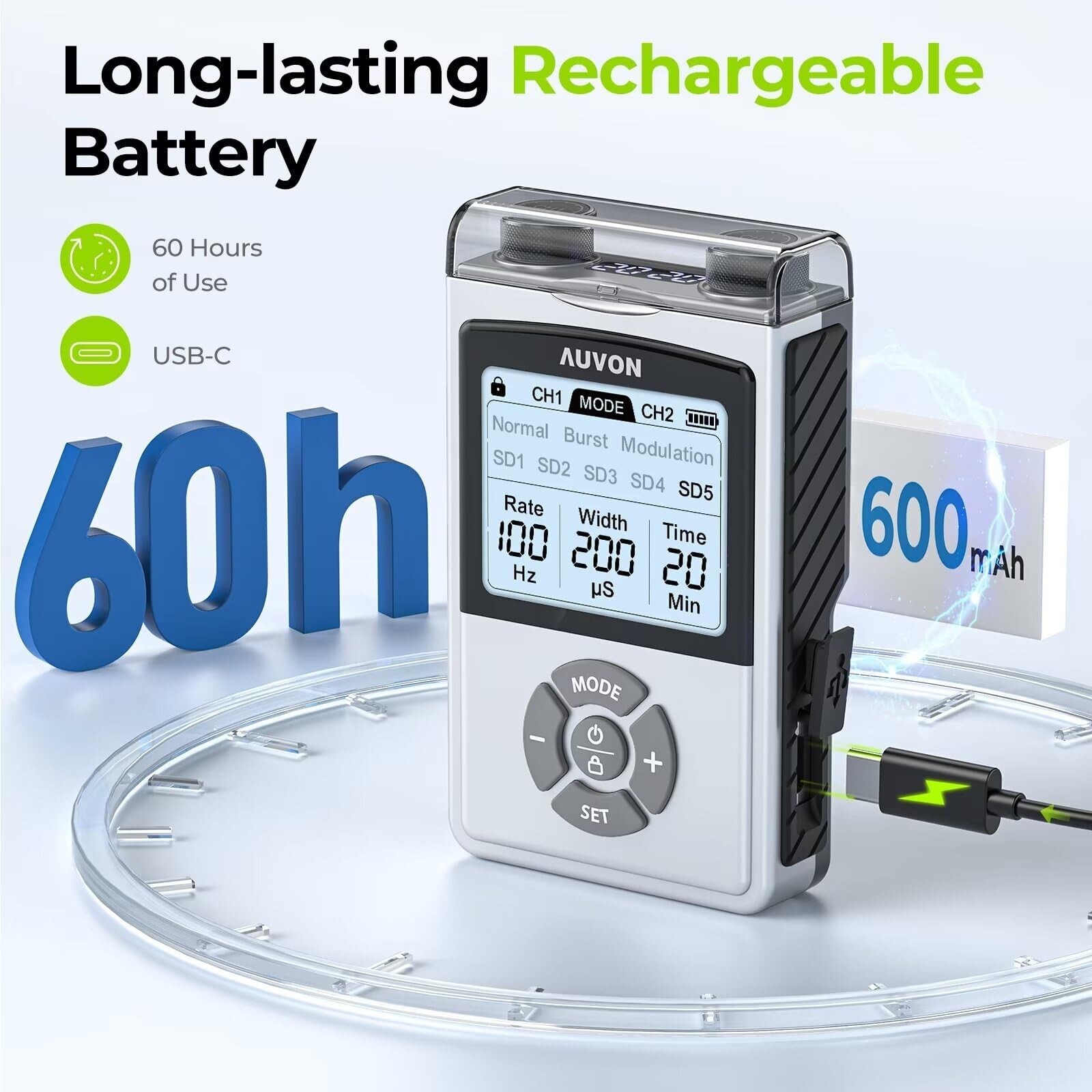 AUVON Rechargeable Digital TENS Unit Muscle Stimulator with 600 mAh Battery, …