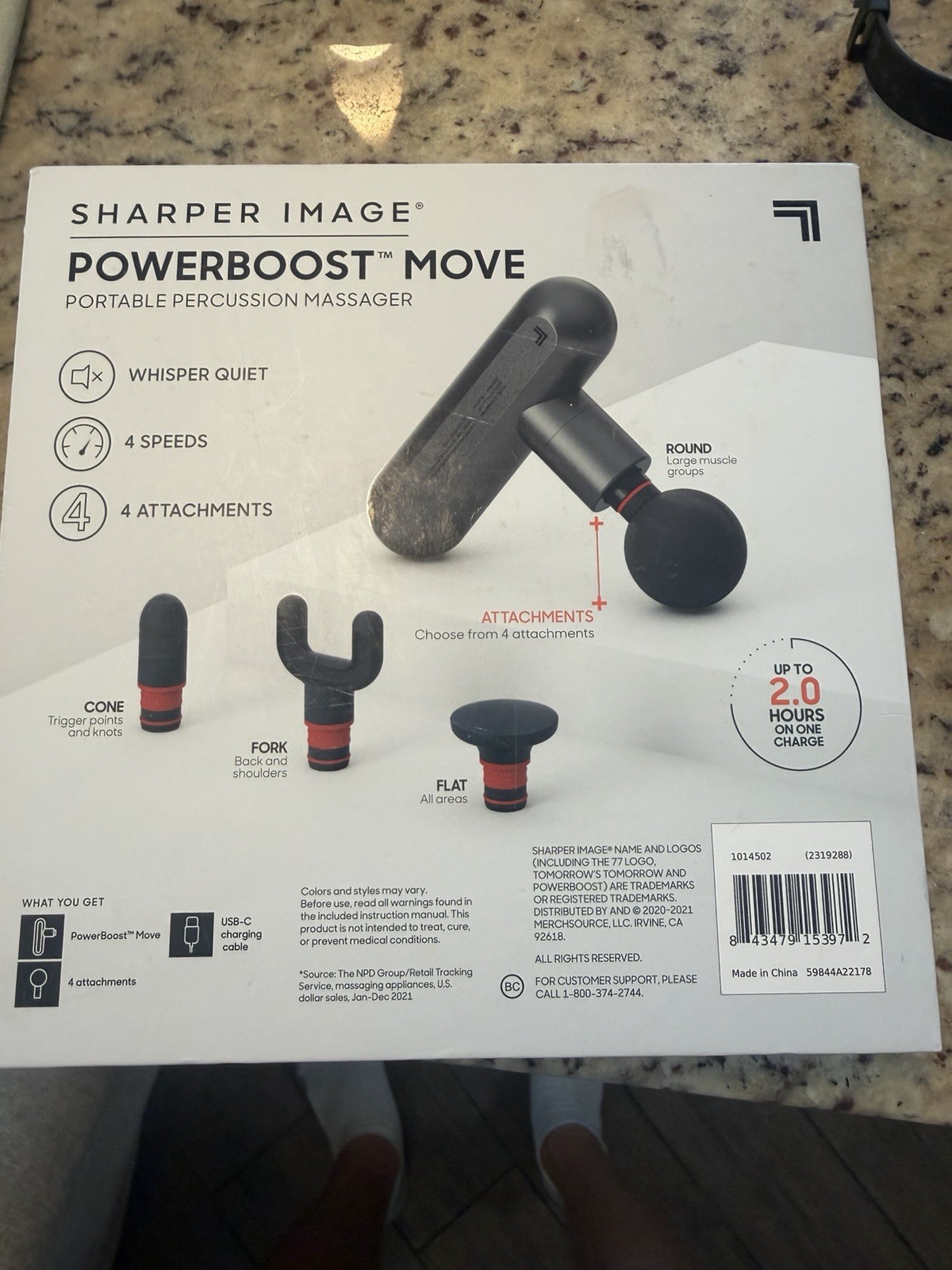 Sharper Image Powerboost Move Percussion Massage Gun, Cordless, 4 Heads