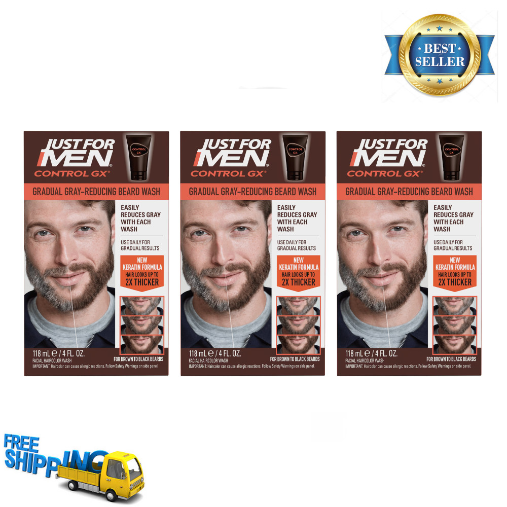 3 Pack Just For Men Control GX Grey Reducing Beard Wash 4 oz, Gradual Hair Color