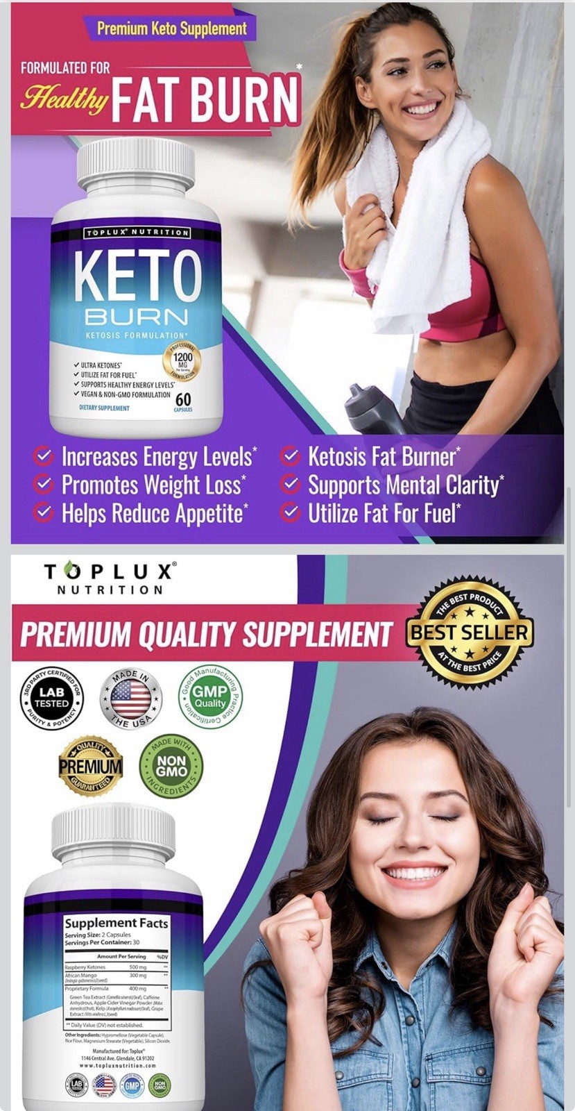 Toplux Keto Burn Ketosis Supplement 1200mg Ultra Ketones 60 Capsules Vegan New