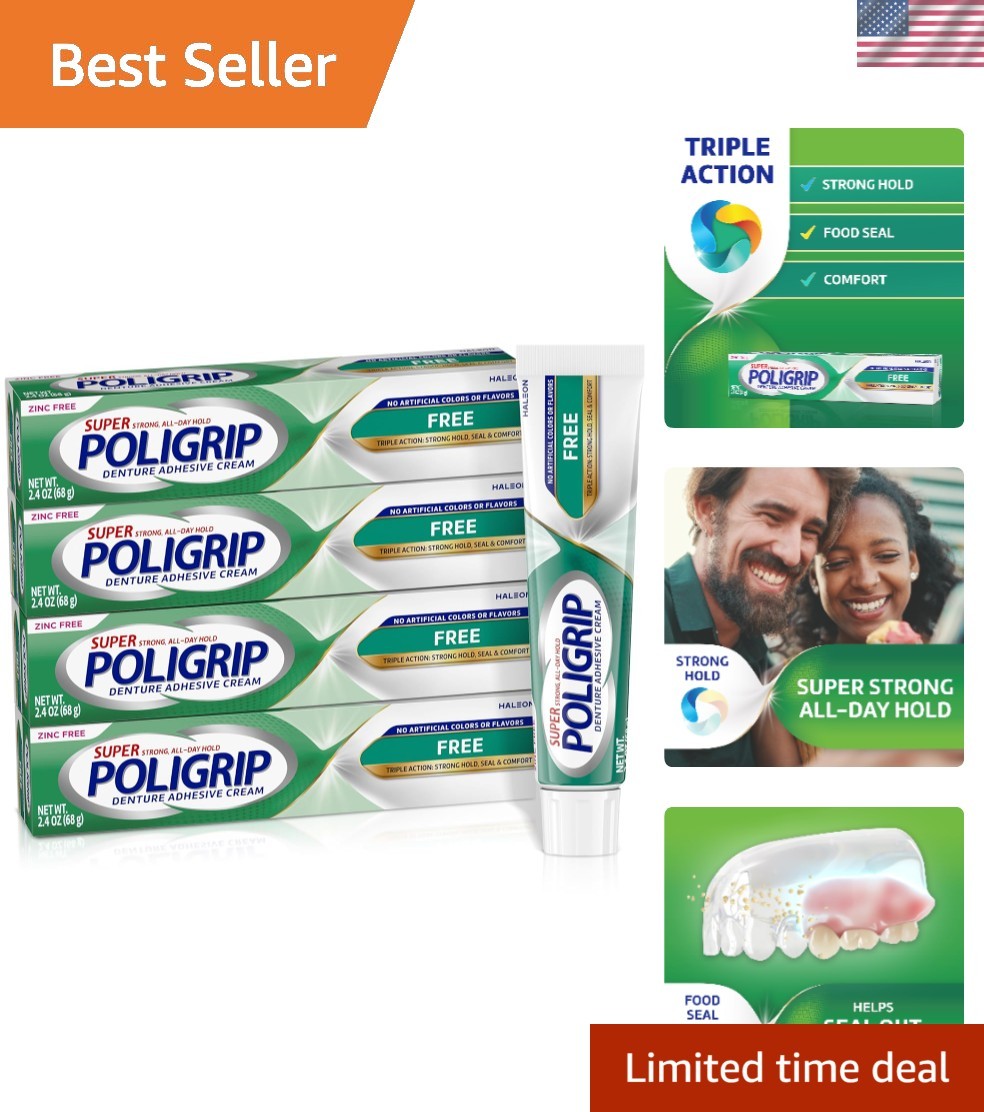 Poligrip Free Denture Adhesive Cream – Strong Hold & Comfort, 2.4 Oz (4 Count)
