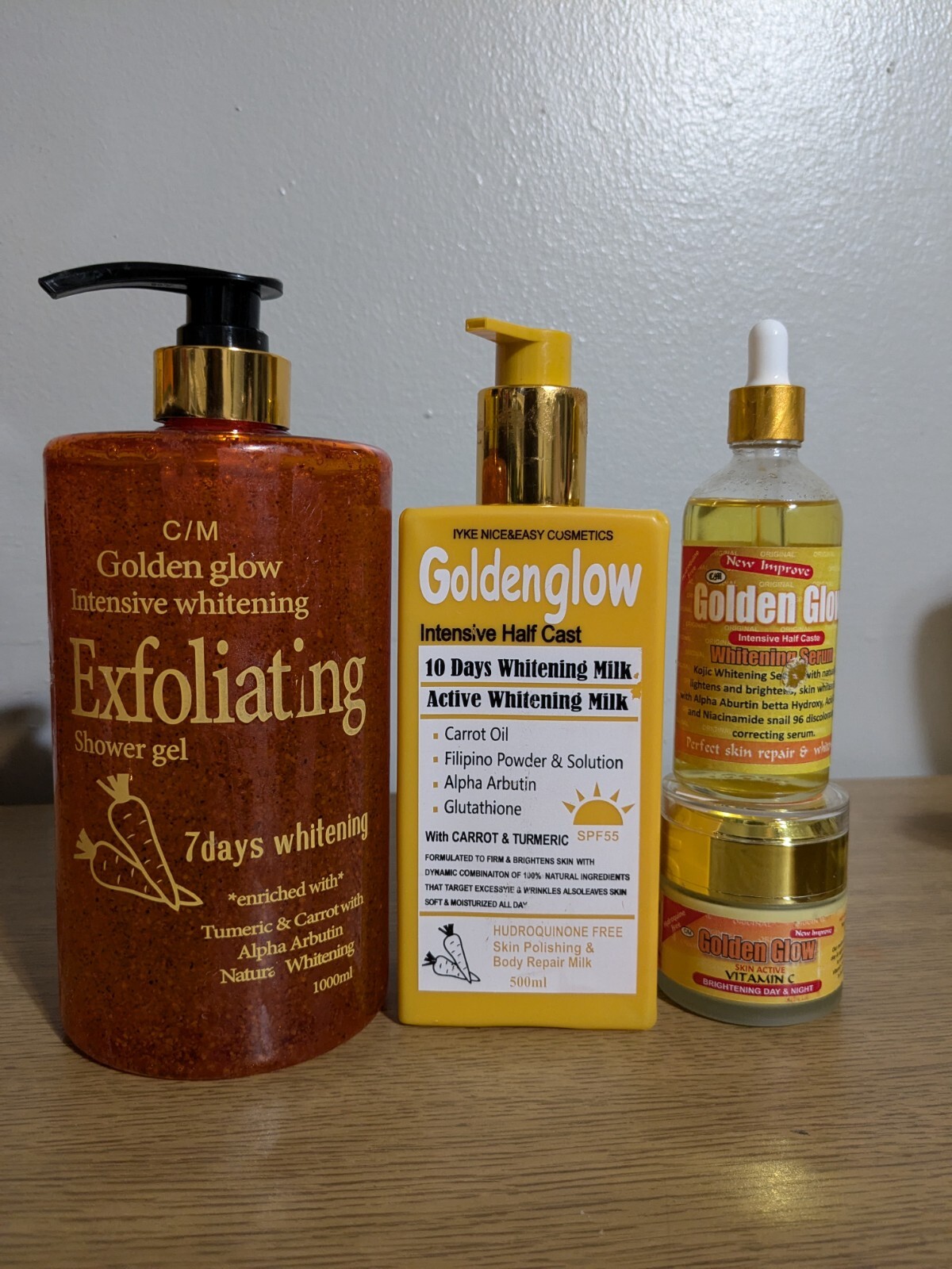 Golden Glow Body Milk 500ml, exfoliating Carrot shower Gel, Serum, Face Cream