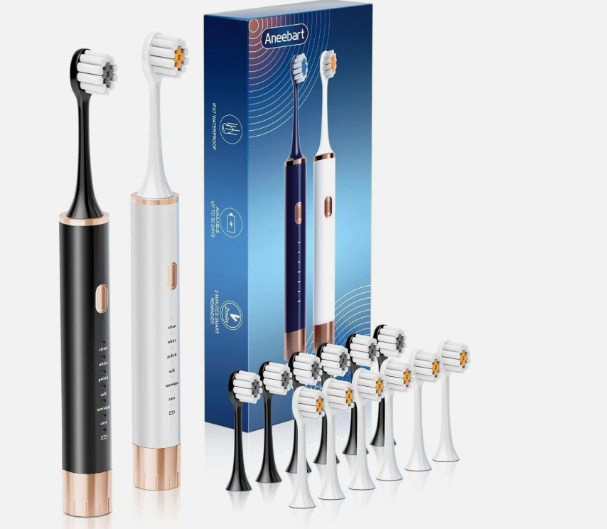 2 Pack Electric Sonic Toothbrush 6 Modes USB Rechargeable W/ 12 Replacement Head